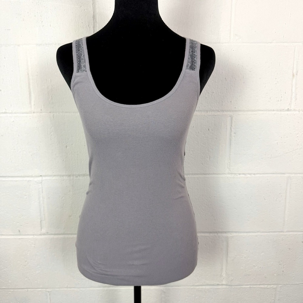 American Eagle Ribbed Knit Stretch Cami Tank Lace Back Gray Y2K Preppy Layers M